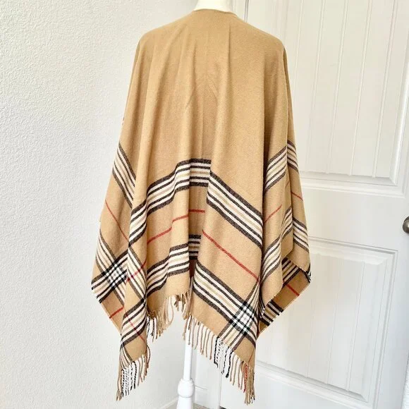 V. FRAAS German Made Camel Plaid Woven Fringe Acrylic Ruana Shawl Wrap- One Size - Picture 2 of 8
